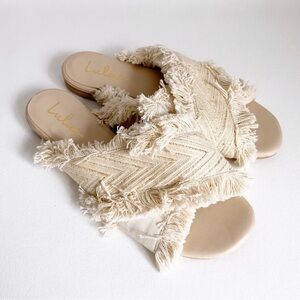 LULUS - Finlee Cream and Gold Woven Fabric Fringe Slide Sandals Size 8